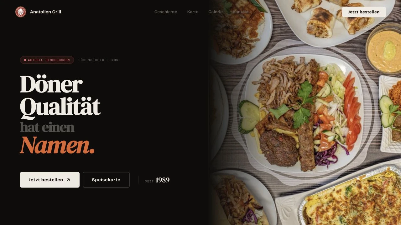 Echter Screenshot des Anatolien-Grill-Websiteentwurfs mit Restaurantpräsentation und Speisekarte