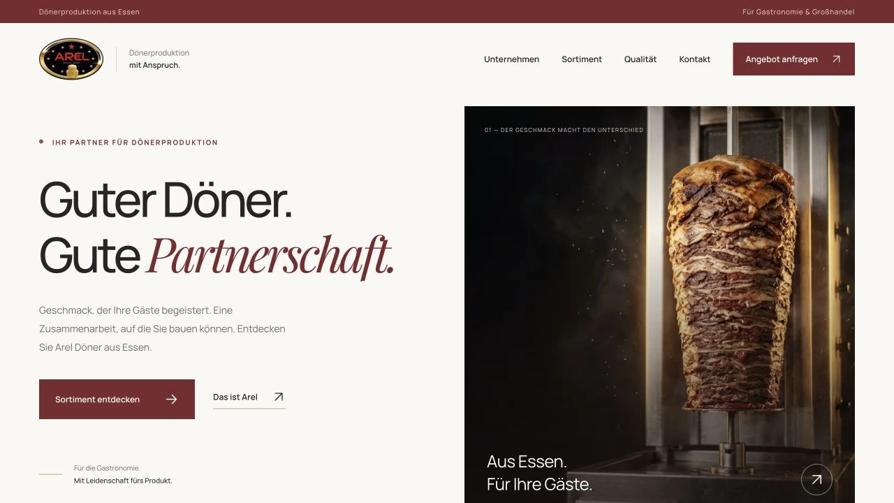 Echter Screenshot des neuen Arel-Döner-Websiteentwurfs mit Produktsortiment und Geschäftskunden-Anfragen