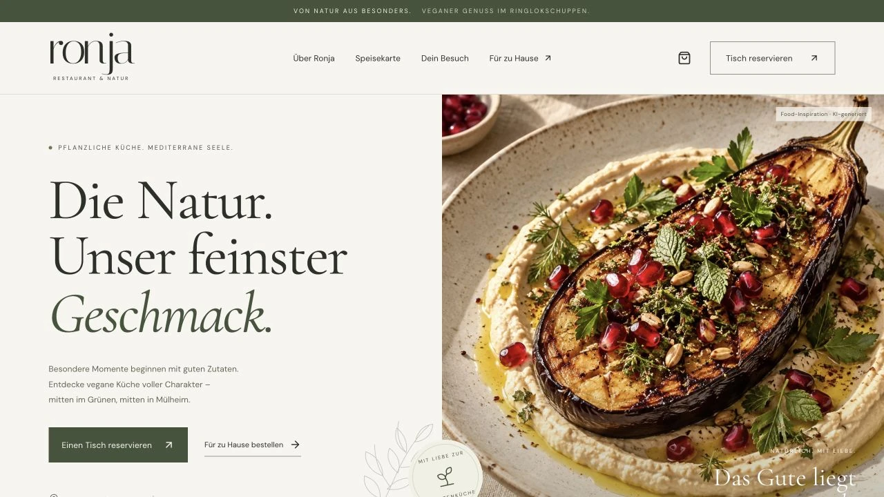Echter Screenshot des neuen Ronja-Websiteentwurfs mit veganer Küche, Speisekarte und Bestellzugang
