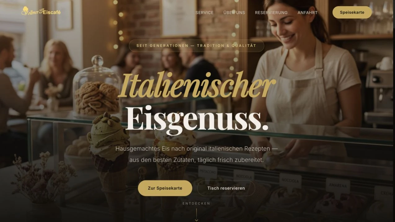 Echter Screenshot des Vollmer’s-Eiscafé-Projektentwurfs mit Speisekarte und Reservierungsanfrage